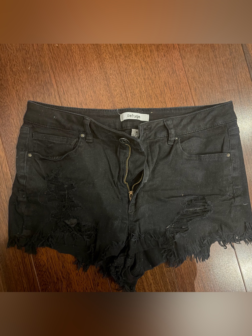 refuge Black Distressed Frayed Hem Jean Shorts